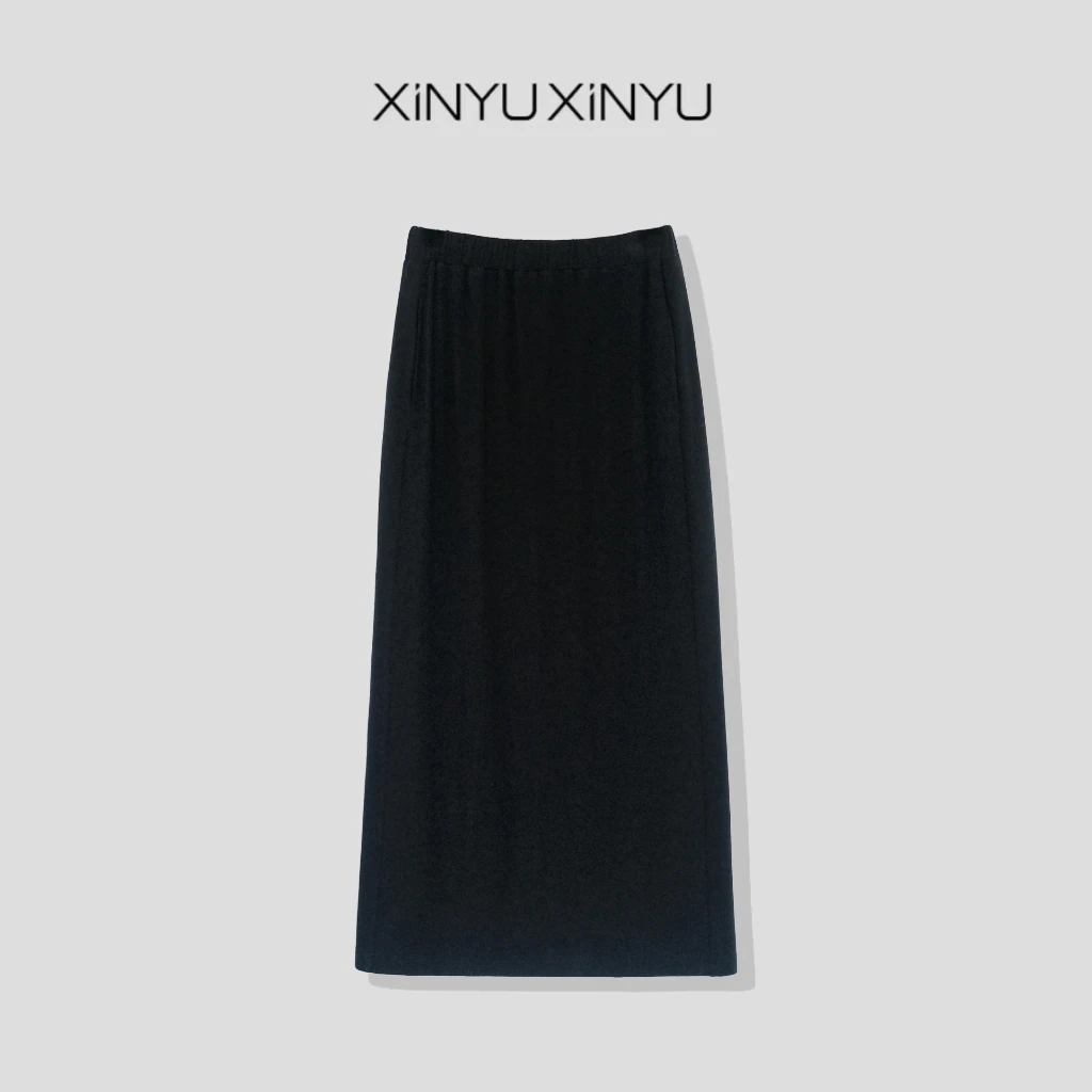 XINYU/芯与『新·黑夜女神3.0』松紧腰后开叉弹力半裙半身裙 337134