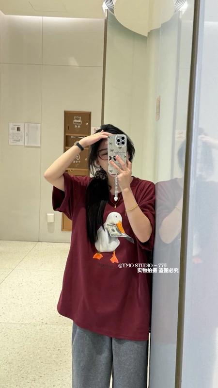 夏季新款宽松棉T恤印花有钱鸭新款小众宽松大板T设计遮肉显瘦上衣