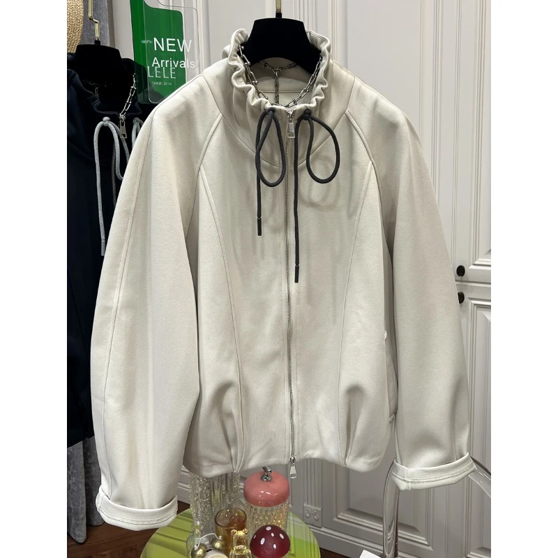 2025秋季超大码花苞立领夹克衫男女款复古休闲健身痞帅抽绳卫衣服