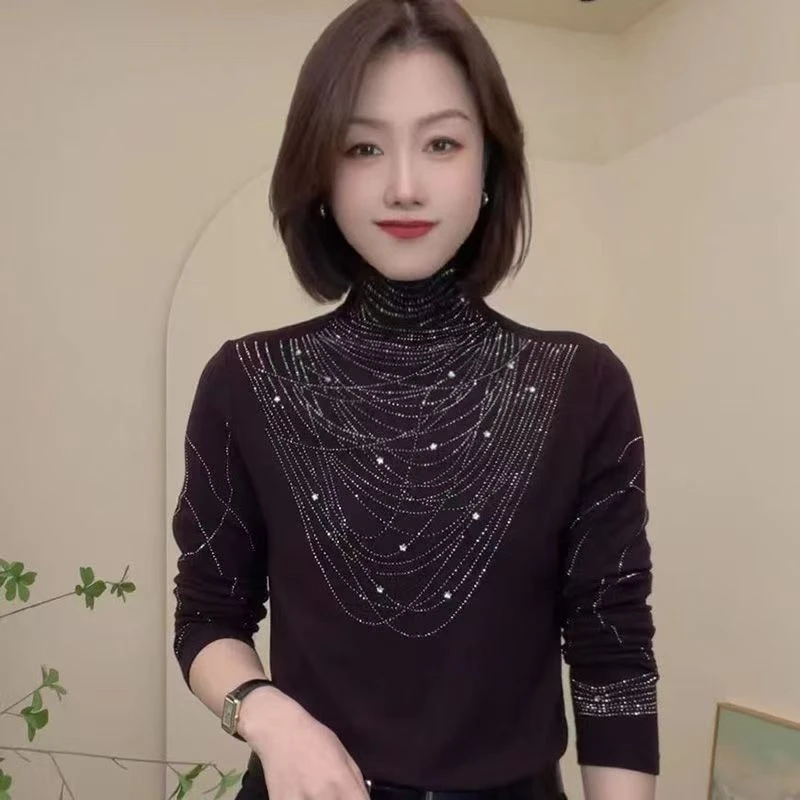 德绒烫钻打底衫女春秋冬时尚洋气保暖上衣半高领加绒小衫
