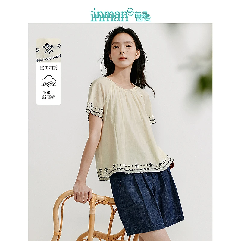 【商场同款新品】茵曼2025夏季法式纯棉刺绣衬衫时尚度假短袖衬衣女