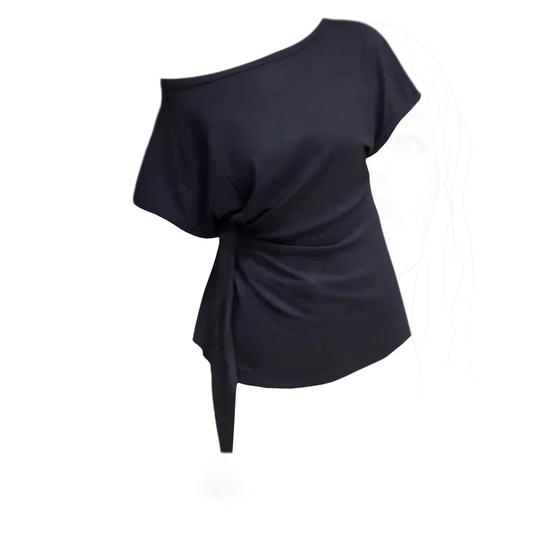 Not defined大码微胖不规则斜肩短袖T恤女夏季设计感收腰绑带上衣