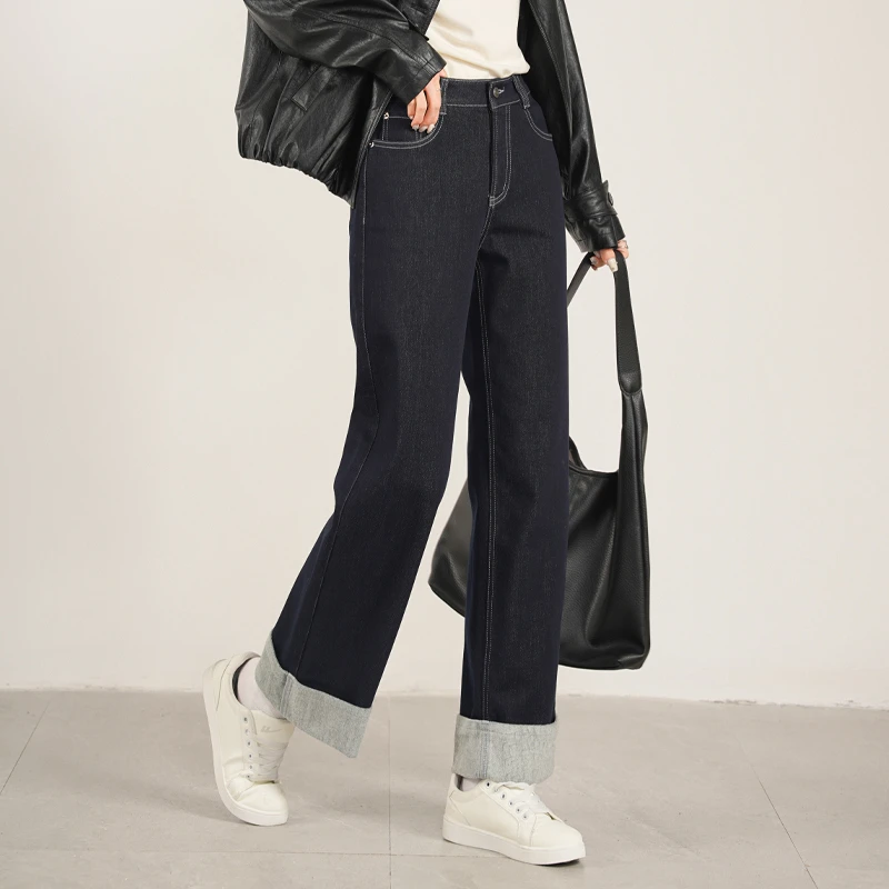 凌丹娜小个子冬季加绒卷边九分直筒莱赛尔牛仔裤复古高腰显瘦8256