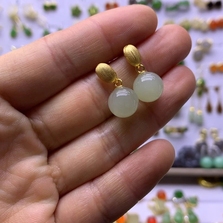 和田玉银S925镶嵌耳饰