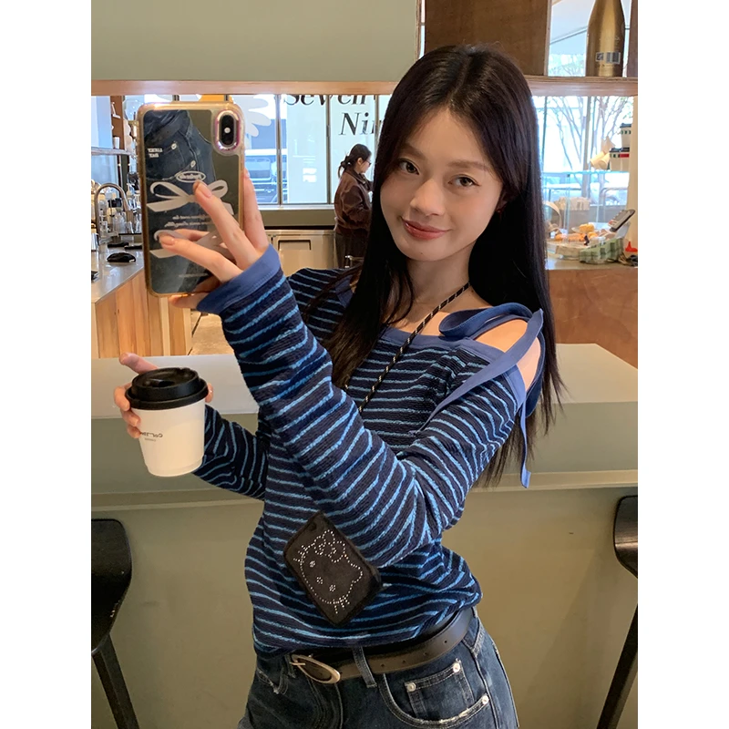 韩系蓝色条纹绑带斜露肩长袖t恤女春季2025新款外穿独特别致上衣