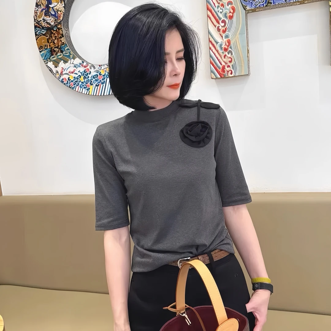 5169现货秋冬季针织衫套头花朵半高领中袖宽松显瘦百搭上衣打底衫