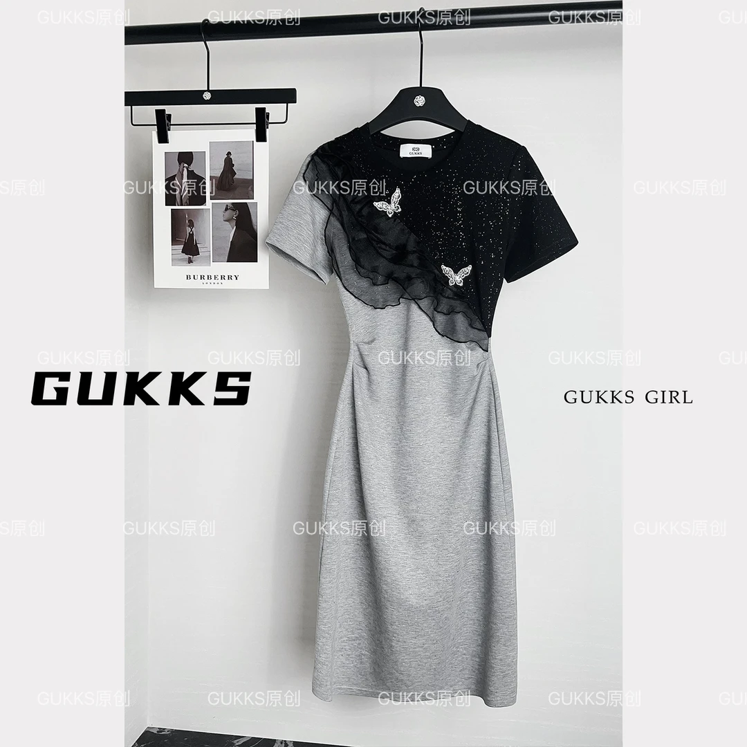 GUKKS/2025夏季新款设计减龄拼接欧根纱撞色连衣裙