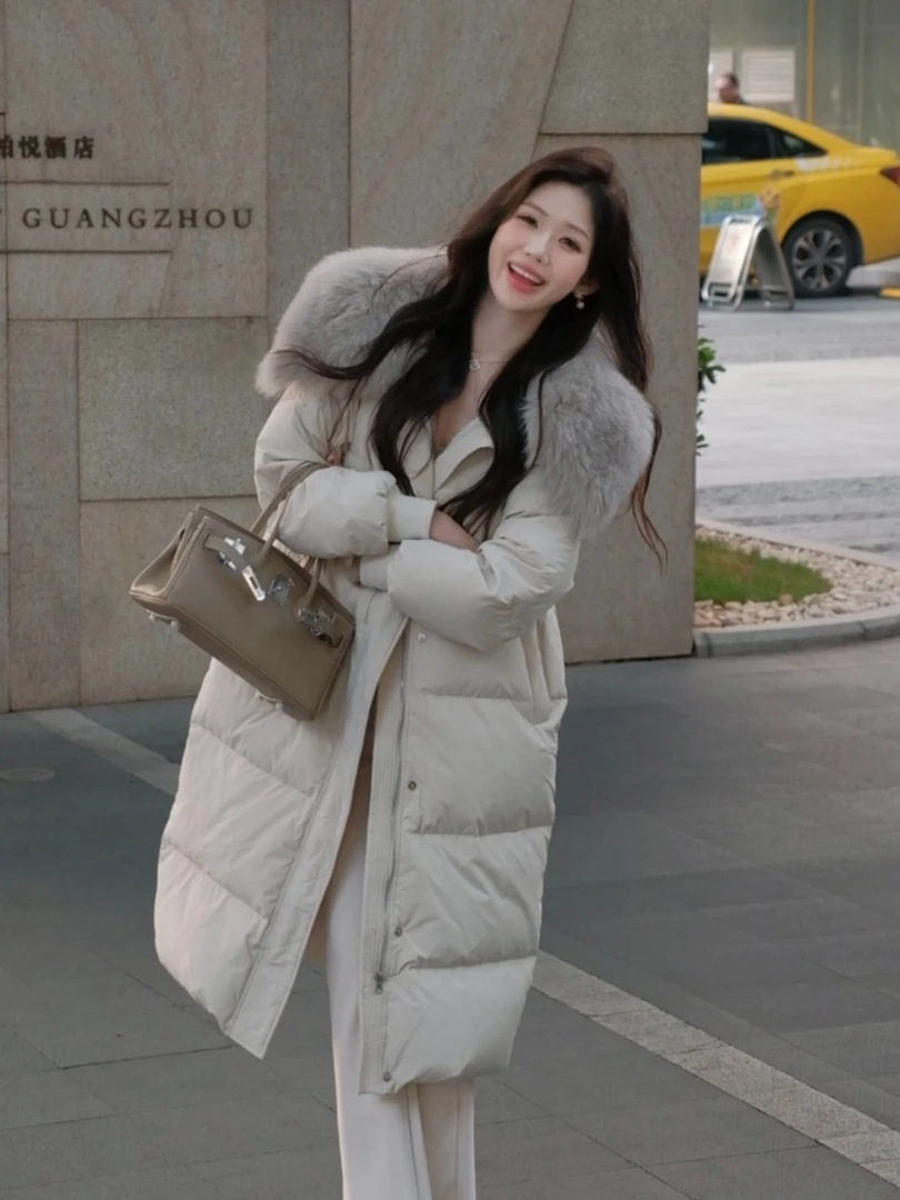 2024真狐狸毛领长款 韩版抽绳收时尚修身羽绒外套8