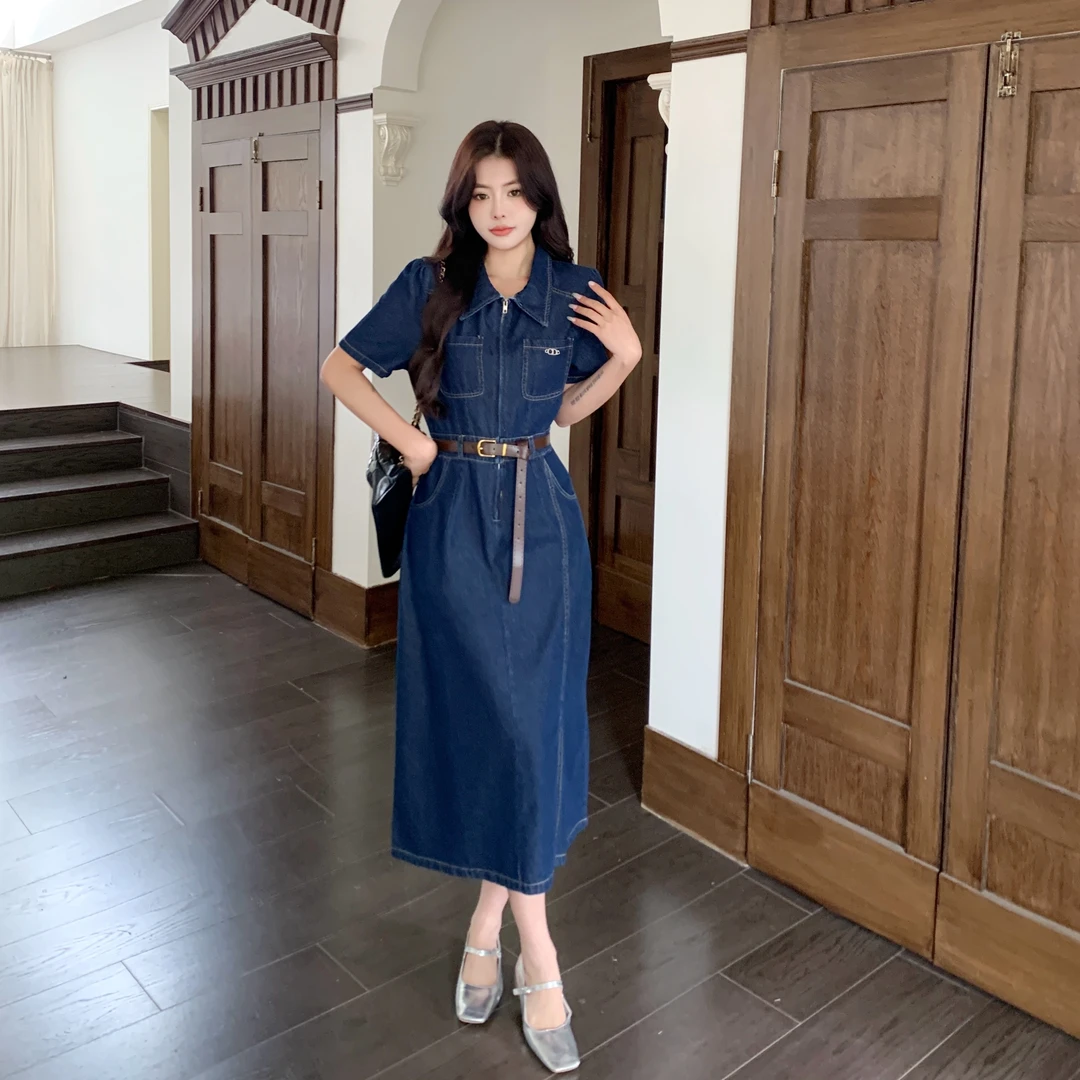 大码胖mm2025夏季时尚气质短袖翻领牛仔连衣裙遮肉显瘦开叉长裙女