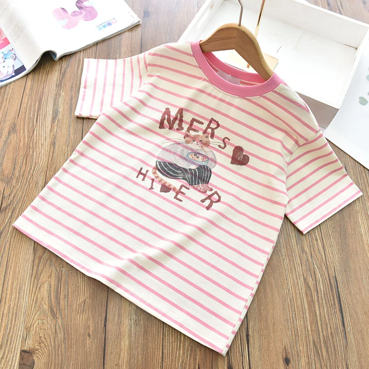 【粉条纹宽松T恤】女童洋气时髦猫咪短袖T恤上衣 中大儿童打底衫夏