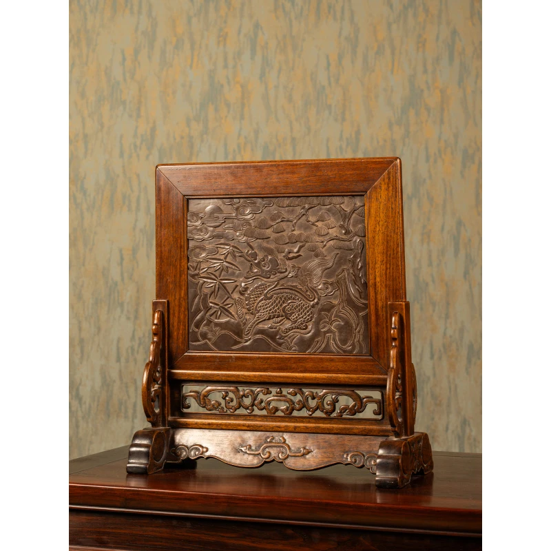 清黄花梨镶端石浮雕麒麟纹插屏古董收藏