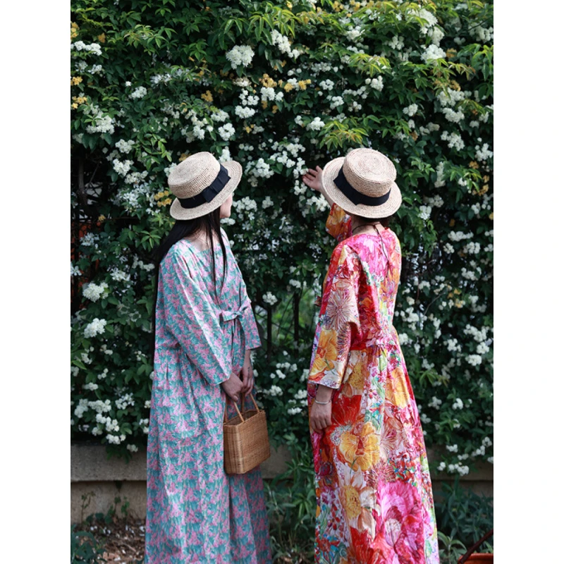 夏花/听花香 夏 长绒棉印花连衣裙 宽松凉爽旅行风袍子