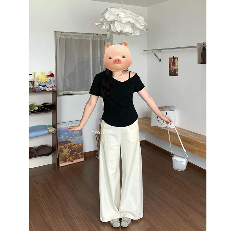 2025夏装胖mm大码女时尚气质纯欲风斜领吊带设计感褶皱T恤衫短袖