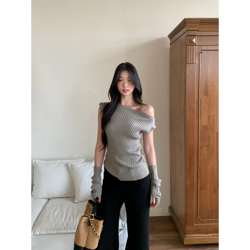 withmin凉皮 挪威庄园 辣妹露肩无袖带袖套收腰针织上衣女2523920