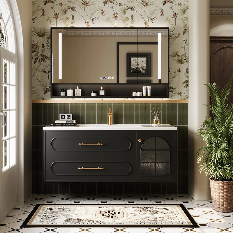 法式复古浴室柜组合落地式卫生间洗漱台大理石奢石洗手池洗脸盆柜