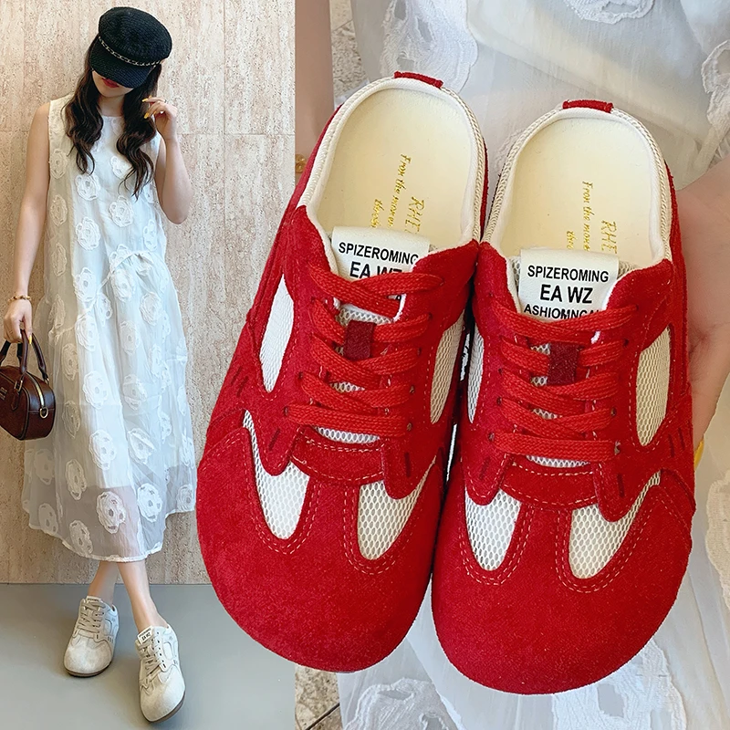 超软透气~双色带半拖平底德训鞋女2025春款内增高网面休闲勃肯鞋