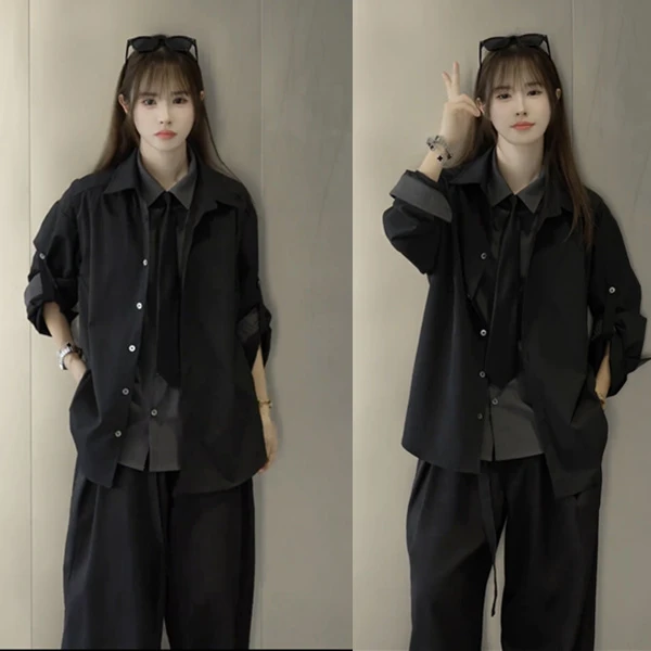 黑迟原创假两件西装衬衫男女高级感dk制服穿搭小众韩系外套