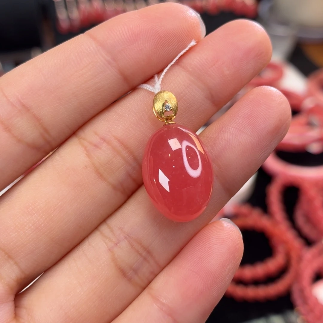 菱锰矿（红纹石）18K金镶嵌吊坠(不含链)