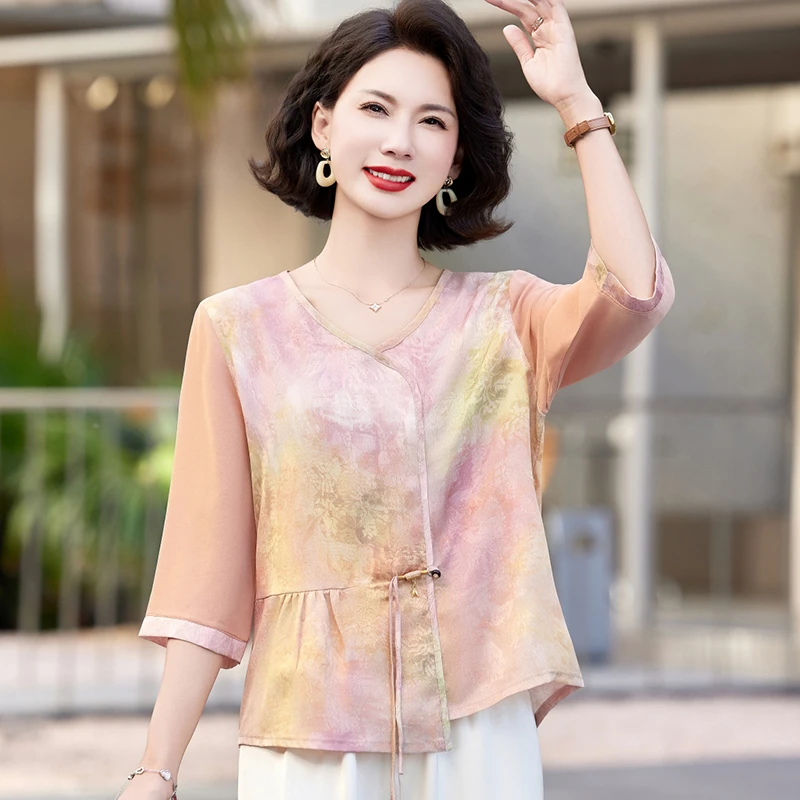 中年妈妈夏装国风短袖雪纺小衫洋气减龄中式上衣中老年夏季套装女