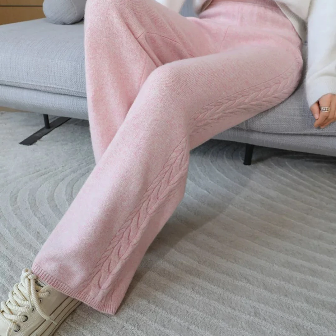 加厚高腰纯羊毛阔腿裤女百搭侧边绞花直筒休闲外穿裤针织扭花裤
