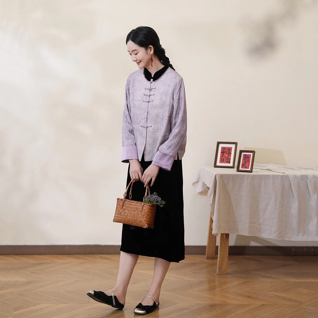 布符2025年春季新款琉璃紫祥云提花领口手工珠饰领短外套MCWT3