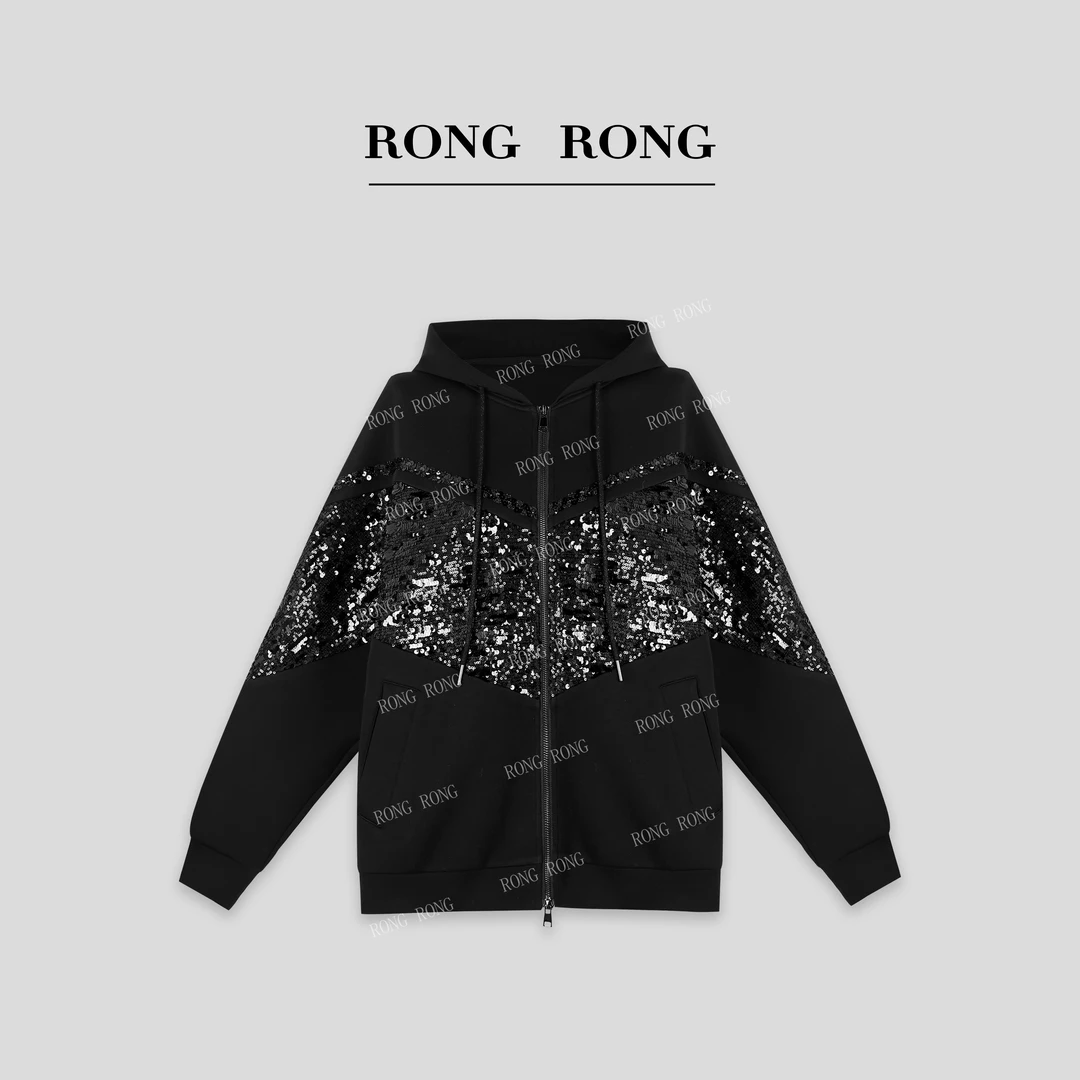 溶溶【错落星河】RONGRONG 双面针织珠片拼接连帽卫衣外套C-L206706