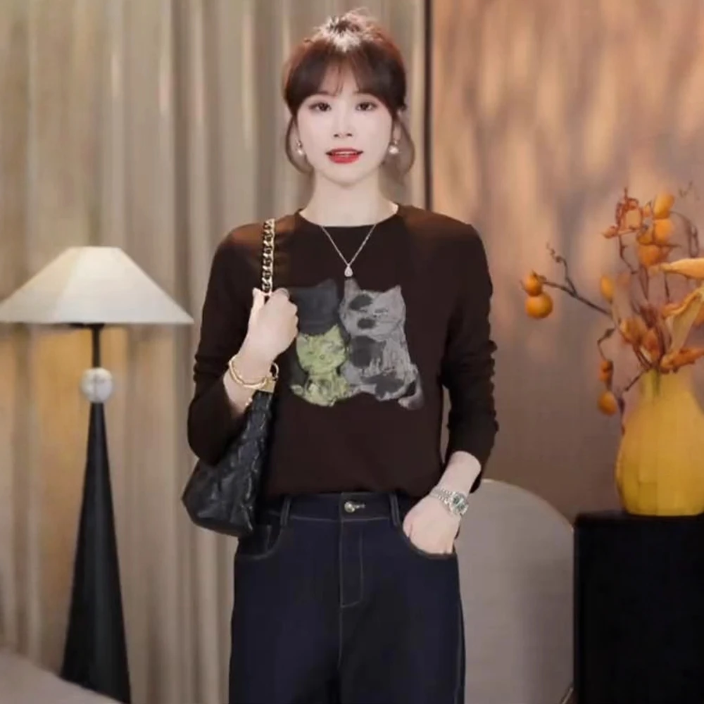 小猫印花上衣长袖T恤女欧洲站2025秋装新款欧货女装洋气打底衫潮