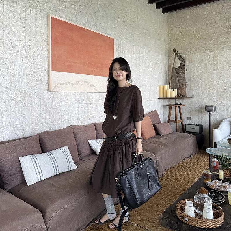 Seyora【谷雨】莱赛尔宽松褶皱优雅半袖休闲连衣裙 L35710SY52