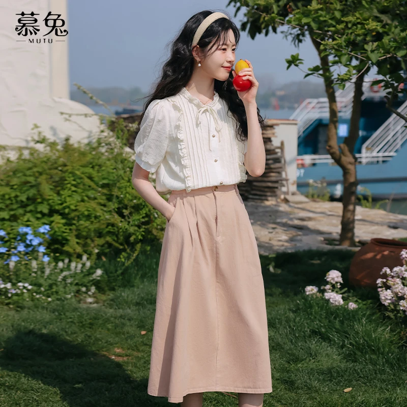 慕兔复古气质卡其色半身裙女2025夏季新款小个子高腰中长款a字裙
