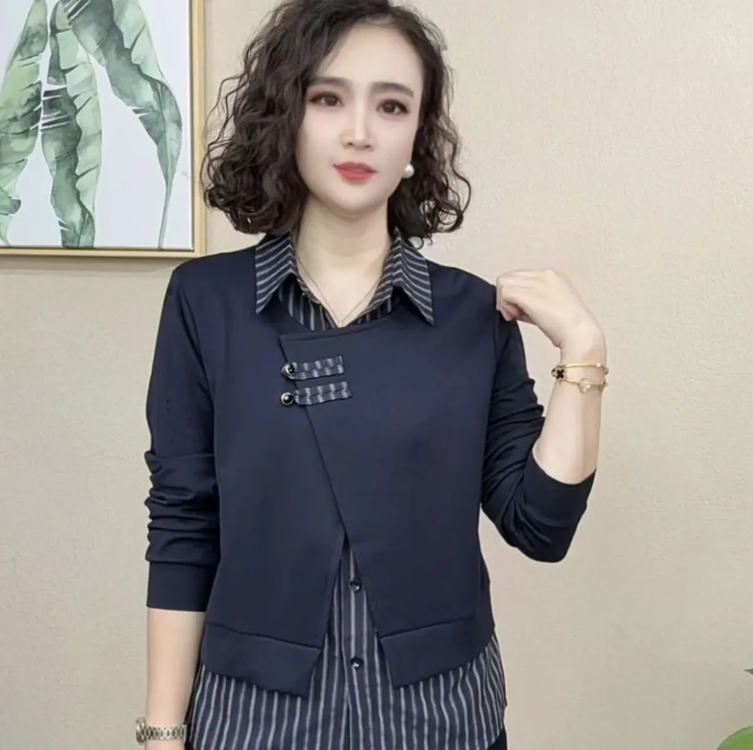 2025气质翻领女装时装时尚套装假两件早秋休闲风拼接显瘦气质长袖