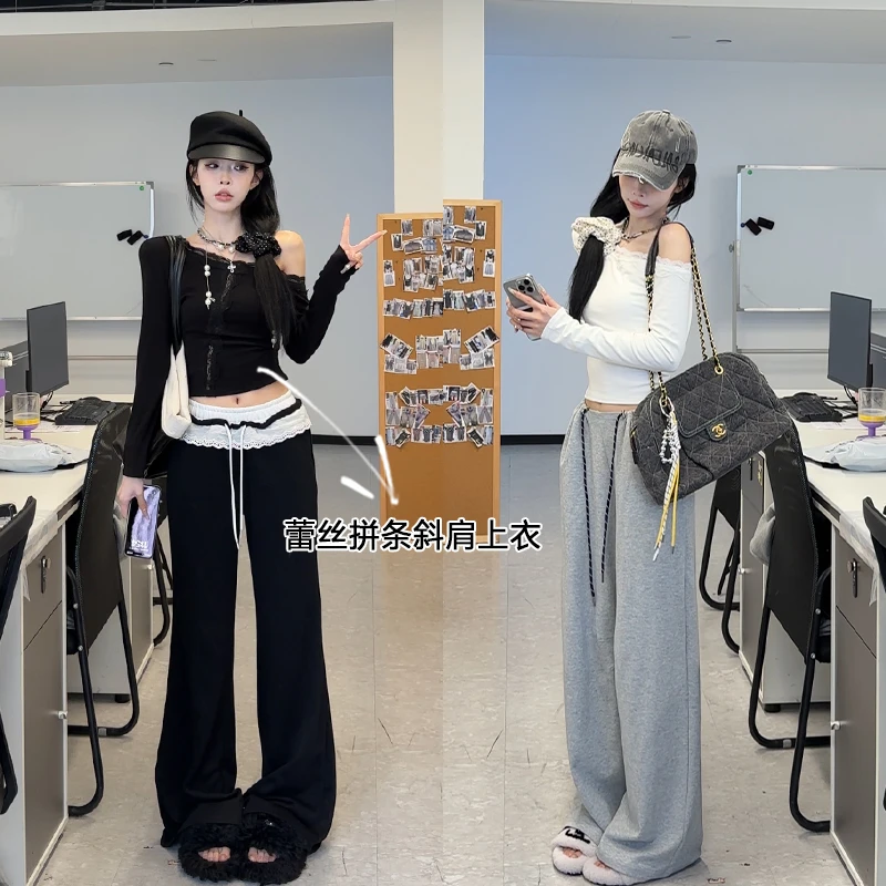 孙妍新款【欲辣撩妹】时尚可两穿蕾丝拼条斜肩长袖T恤上衣女秋款