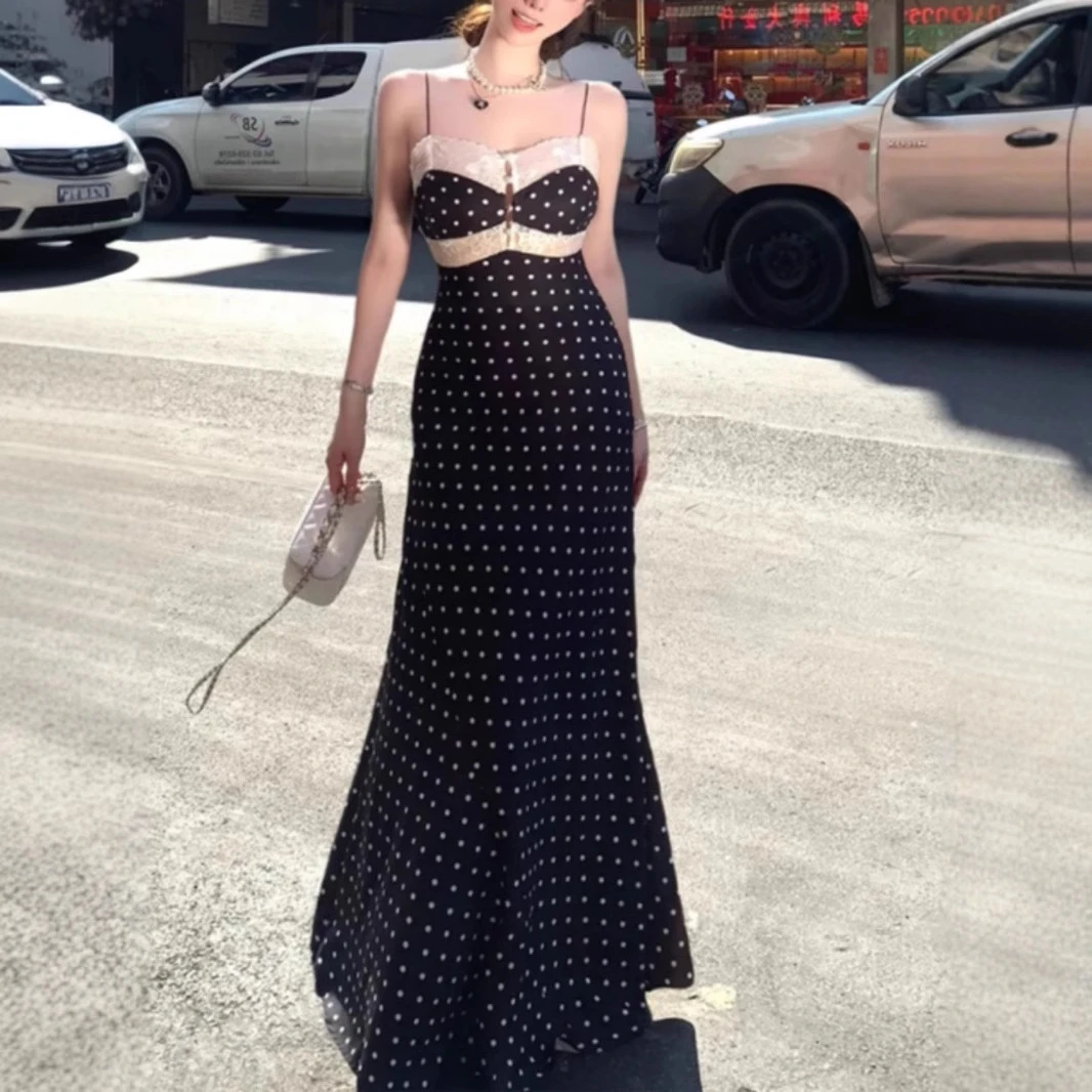 丽思下午茶~气质蕾丝拼接镂空长裙纯欲感收腰黑色连衣裙夏季裙子