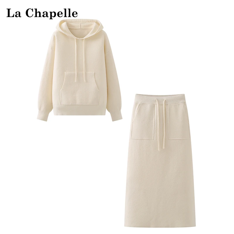 拉夏贝尔连帽纯色休闲宽松长袖针织衫女松紧中长款半身裙套装春季