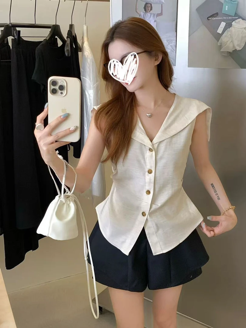 【浪漫笔记】夏季学院风海军领无袖绑带上衣+藏青裤裙两件套x