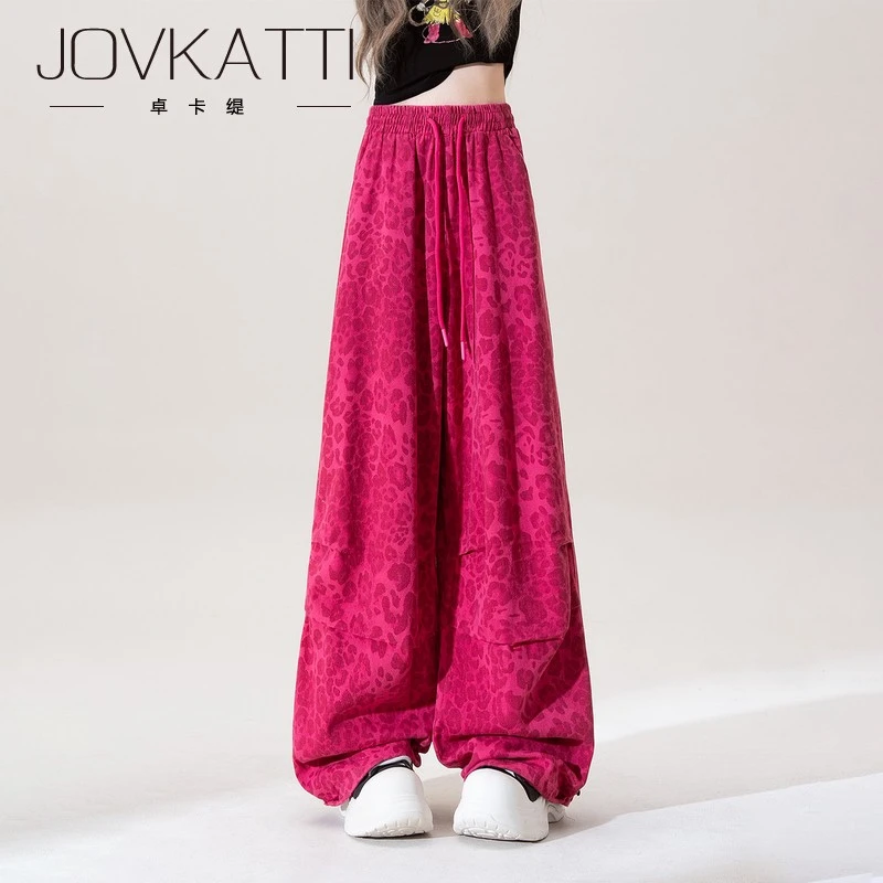 Jovkatti美式复古豹纹休闲阔腿裤女夏季新款松紧腰抽绳宽松显瘦