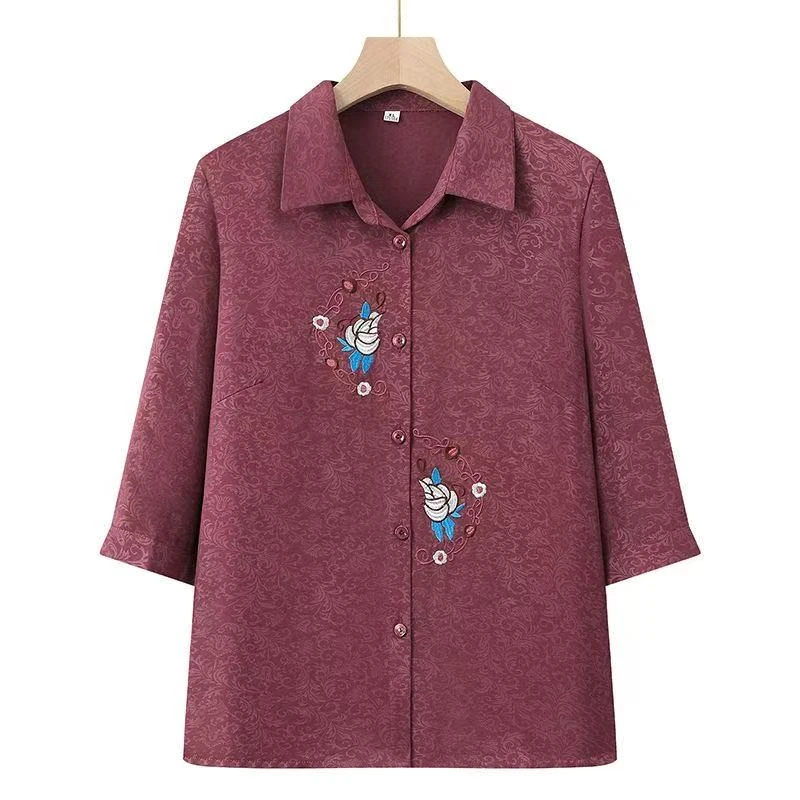 8180-妈妈春装新款中袖衬衫绣花中老年人宽松减龄上衣服【18-1-4】