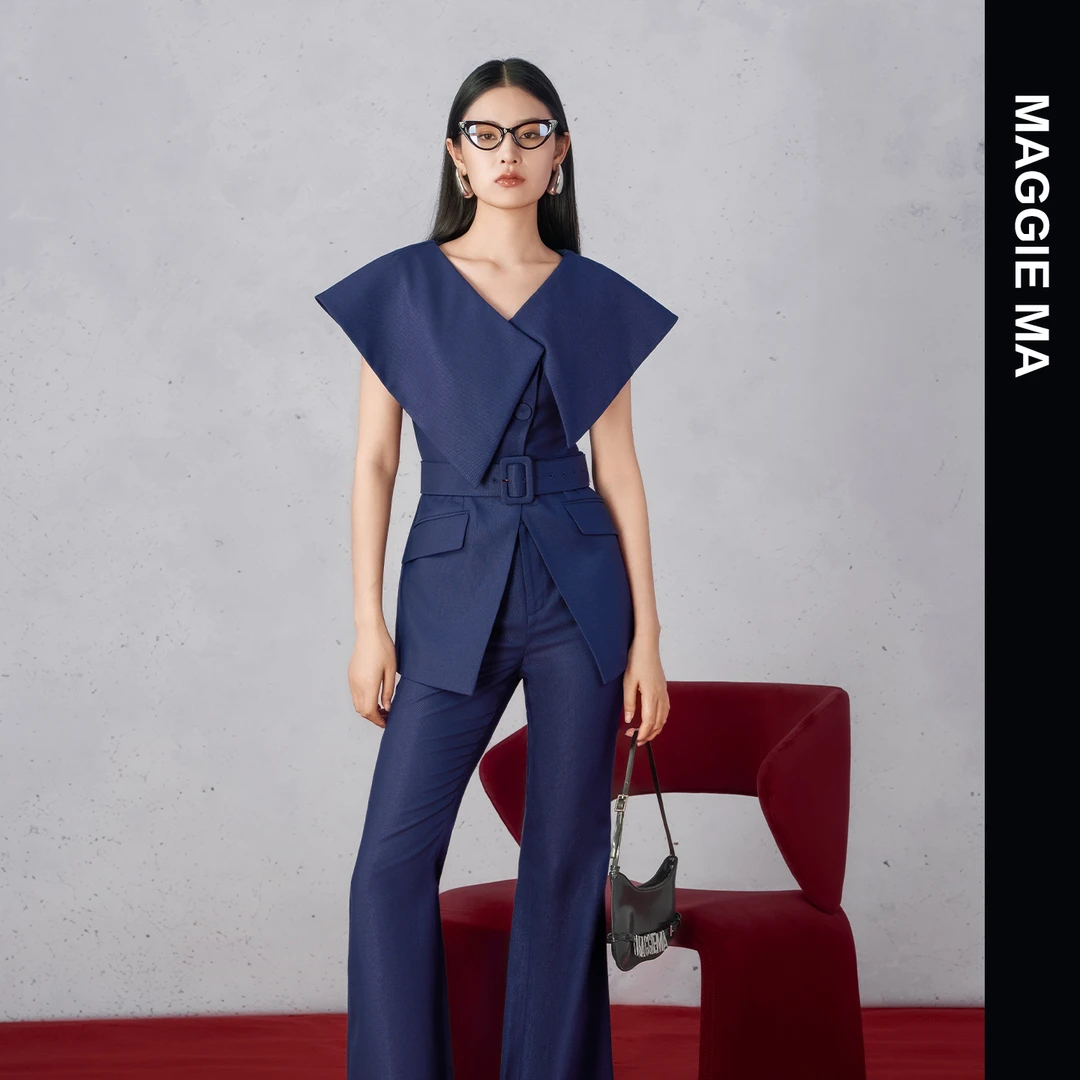 MAGGIE MA马婧设计师款静谧蓝色优雅气质修身腰带套装334C/335P