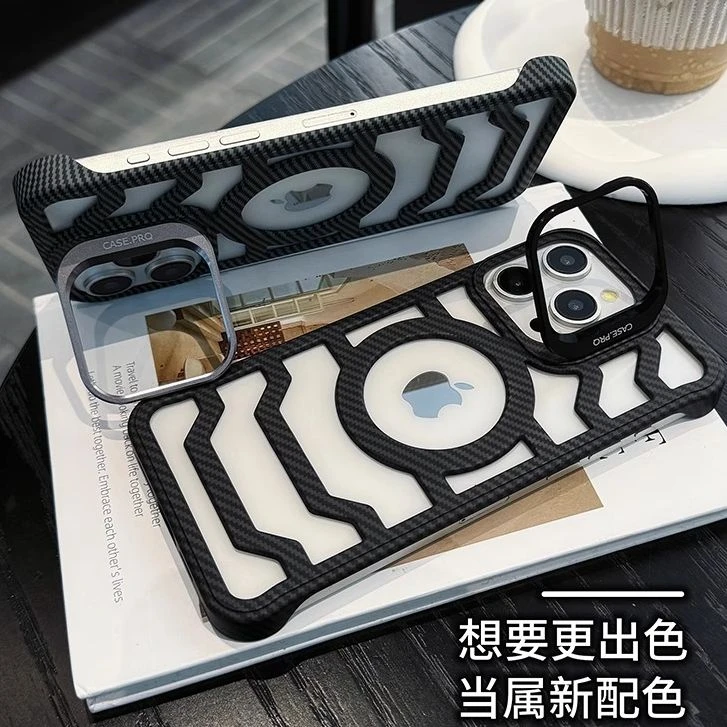 适用iPhone16手机壳镜头支架15pro碳纤维纹14镂空磁吸13超薄散热