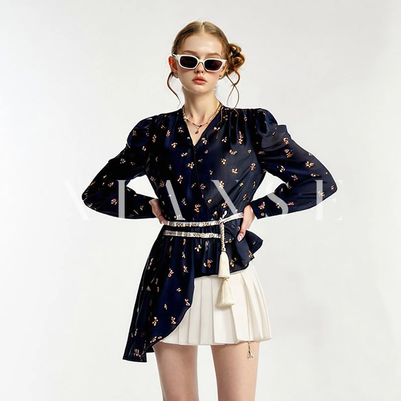 新BohoChic波嬉风宫廷泡泡袖印花雪纺衫衬衣上衣春夏不规则设计感