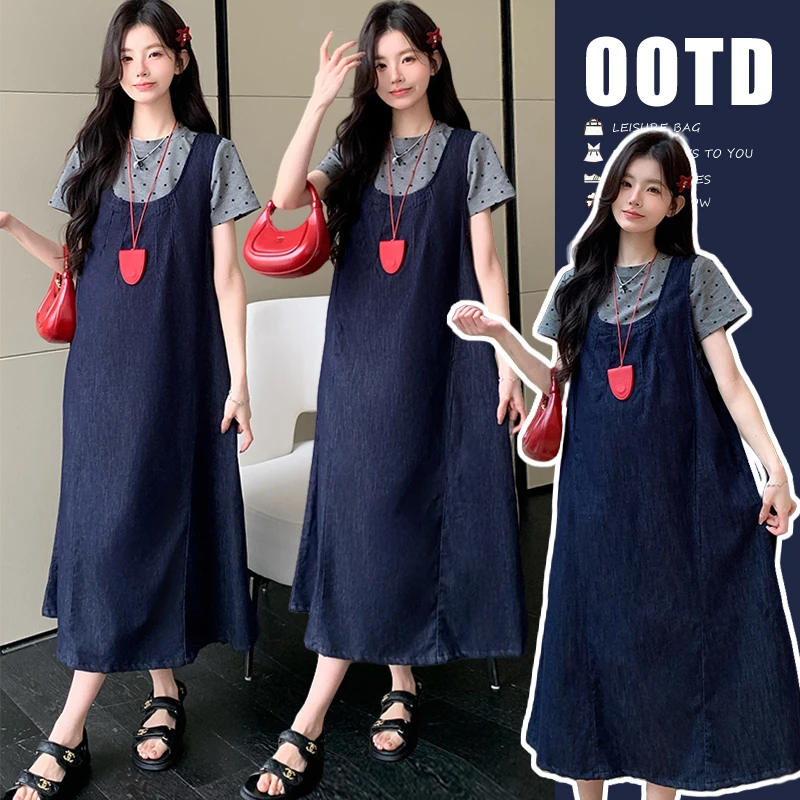 波点短袖T恤+牛仔背带裙两件套孕妇装