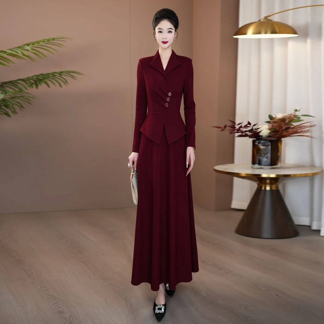 气质酒红色连衣裙2025年秋季长裙抖音喜妈妈喜婆婆婚宴裙子206