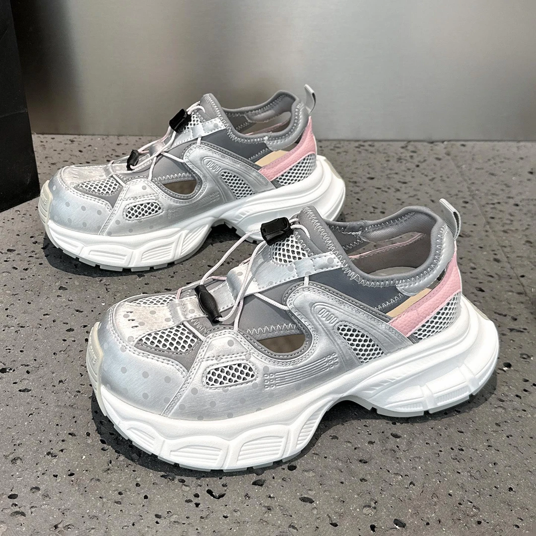 厚底透气镂空网面老爹鞋女2025年夏季新款懒人一脚蹬运动休闲鞋