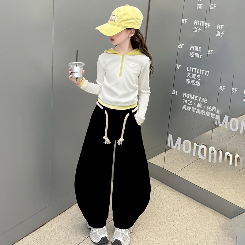 女童春秋套装2025新款春季休闲连帽上衣女孩儿童时髦弯刀裤两件套