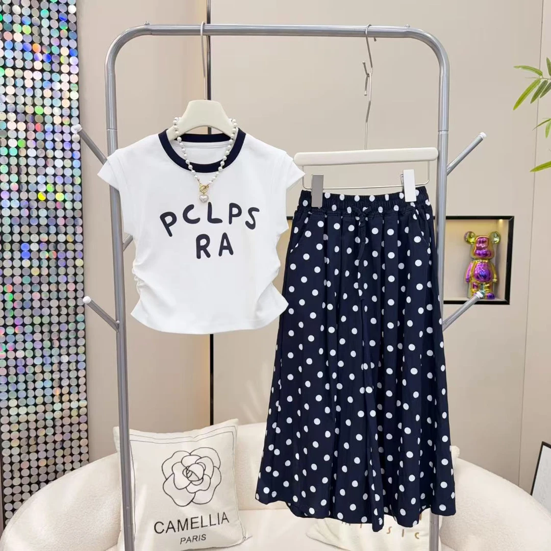女童夏装套装2025新款洋气时尚百搭T恤圆点长裙两件套A25870