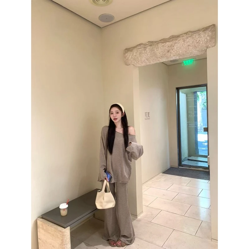 老钱风松弛感女装时尚百搭斜肩上衣宽松显瘦气质阔腿长裤两件套潮