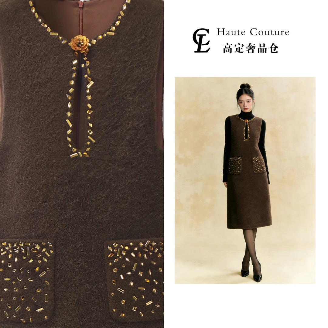 Larmoli2452法式圆领无袖叠穿设计感烫钻连衣裙