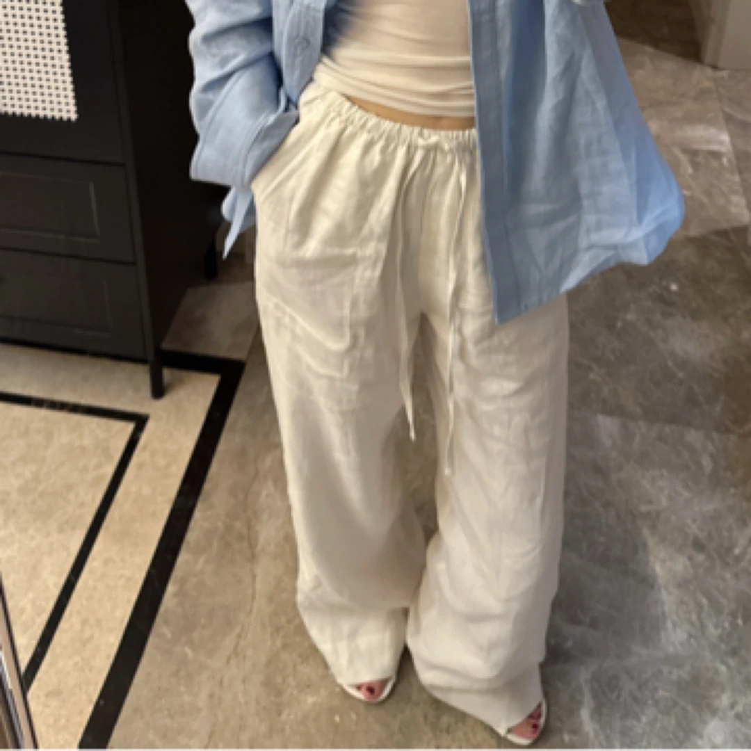 白色高腰宽松垂感舒适棉麻直筒休闲长裤夏季百搭