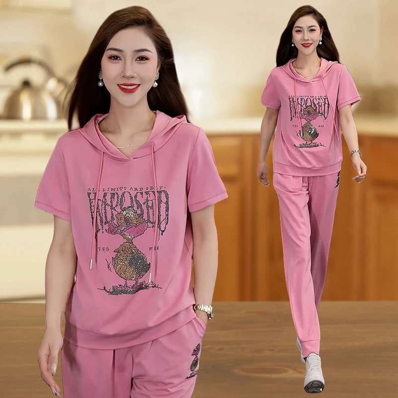 洋气连帽休闲运动套装女夏装宽松烫钻短袖跑步两件套百搭时尚卫衣