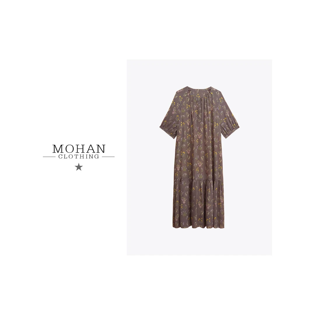 CLOTHING/墨含气质度假风复古印花圆领长袖桑蚕丝中长连衣裙WJ568