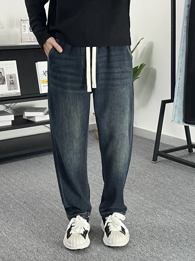 秋冬加绒软牛仔裤潮流松紧百搭宽松休闲时尚复古垂感直筒裤弯刀裤